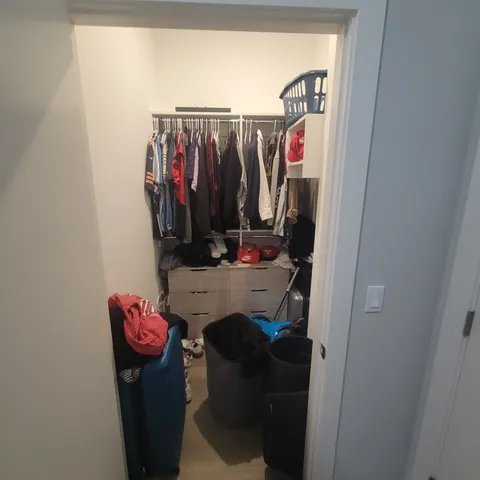 a view of walk in closet with clothes