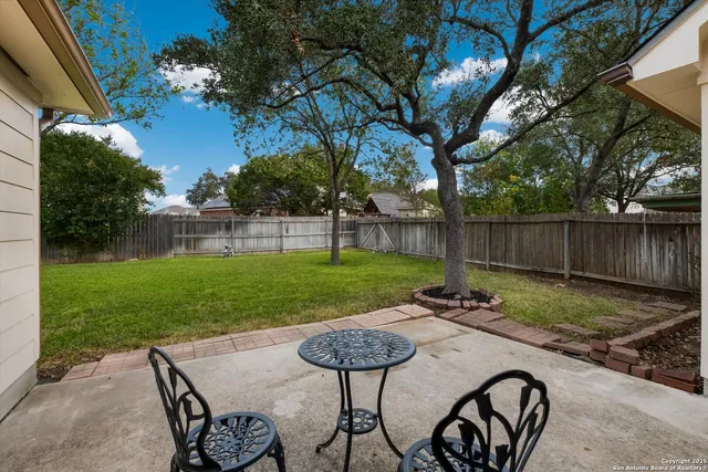 a view of a backyard with table and chairs potted plants and large tree