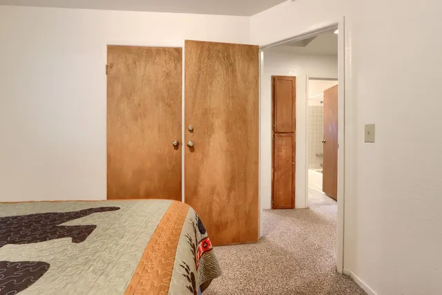 a bedroom with a bed and a shower