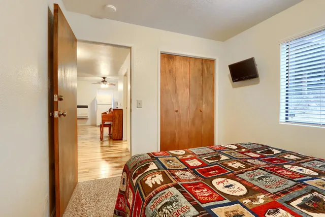 a bedroom with a bed and a television