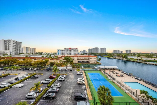 a city view with tall buildings