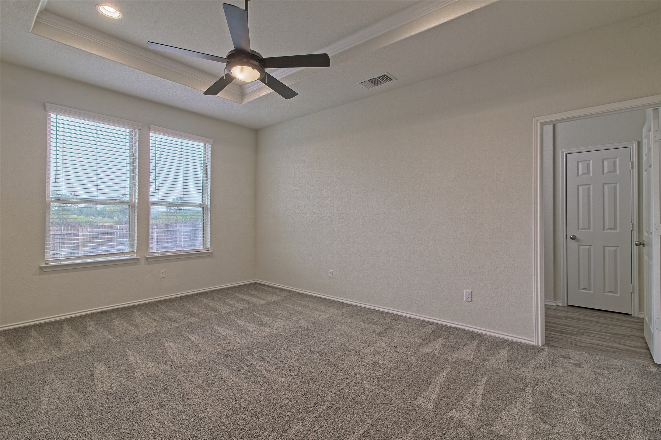 601 Hummingbird Lane Leander, TX 78641 - Photo 17 of 35 Spare room with a ceiling fan, dark carpet, a tray ceiling, and ornamental molding