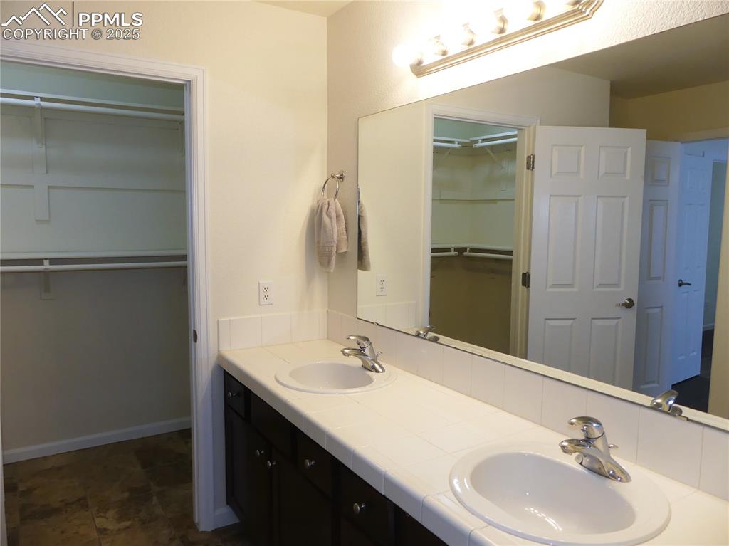 1054 Kara Ridge Point Colorado Springs, CO 80907 - Photo 18 of 33 Bathroom featuring double vanity, a sink, and a spacious closet