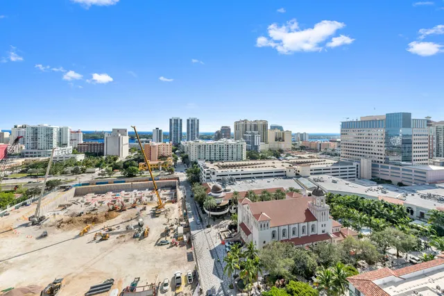 a city view with tall buildings