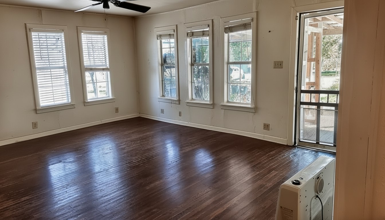 11913 McAngus Road Del Valle, TX 78617 - Photo 25 of 45 a view of an empty room with wooden floor and windows