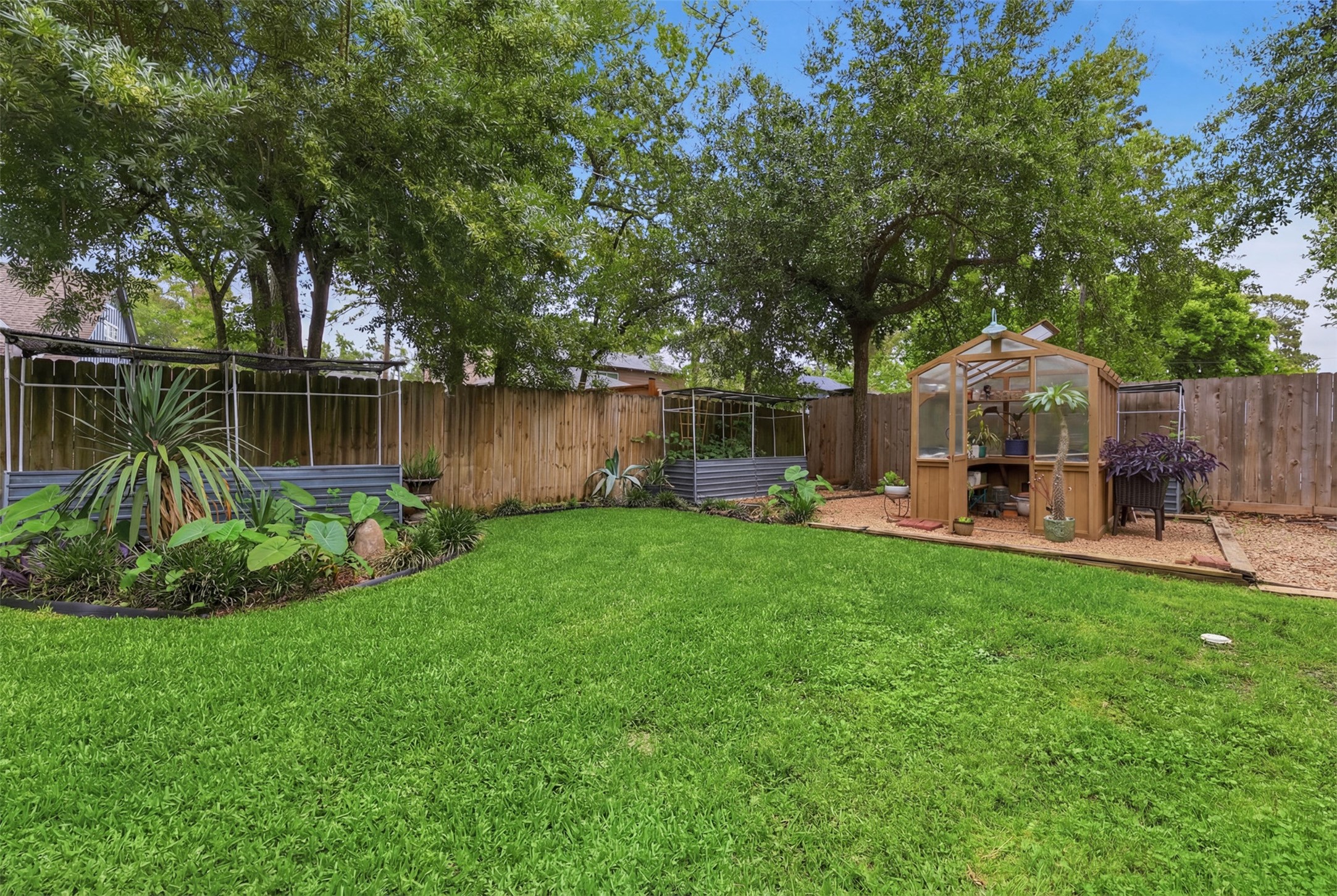 6126 Hickorycrest Drive Spring, TX 77389 - Photo 38 of 50 Backyard view with open green space, raised garden beds, and a greenhouse.