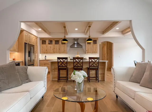 a view of a dining room with furniture window and outside view