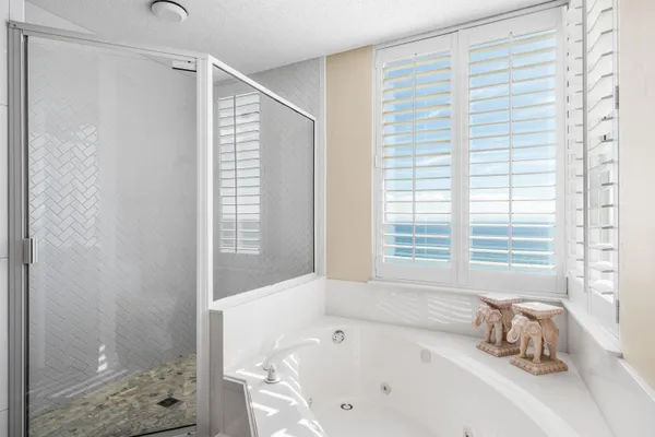 a bathroom with a bathtub and a shower