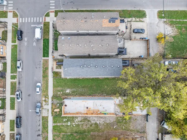 a aerial view of a house with a garden