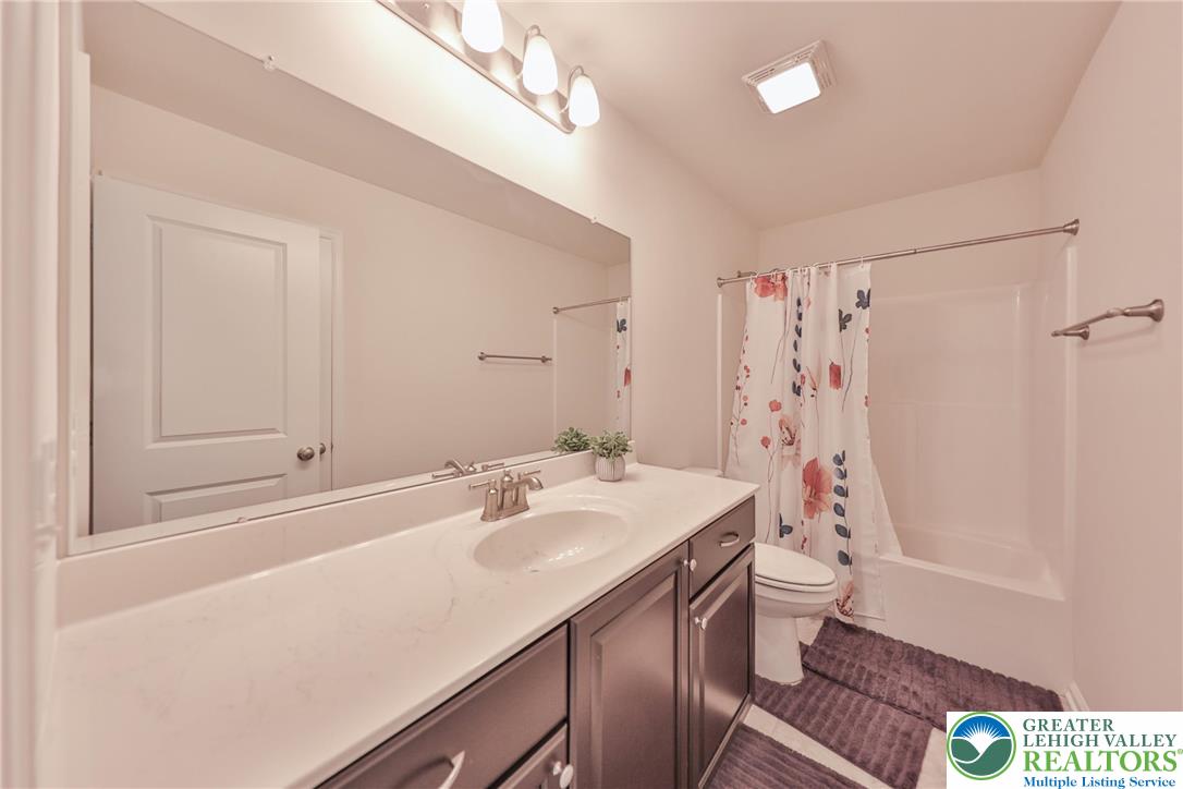 338 Abby Road Macungie, PA 18062 - Photo 37 of 40 a bathroom with a sink a toilet a mirror and shower