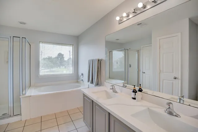 a bathroom with a tub a sink double vanity and a mirror