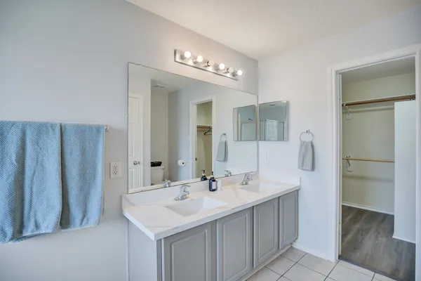 a bathroom with a sink a mirror and a shower