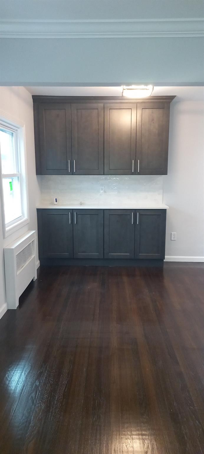 3 Hampton Road Lynbrook, NY 11563 - Photo 17 of 23 Kitchen with dark brown cabinetry, crown molding, radiator, and dark wood finished floors