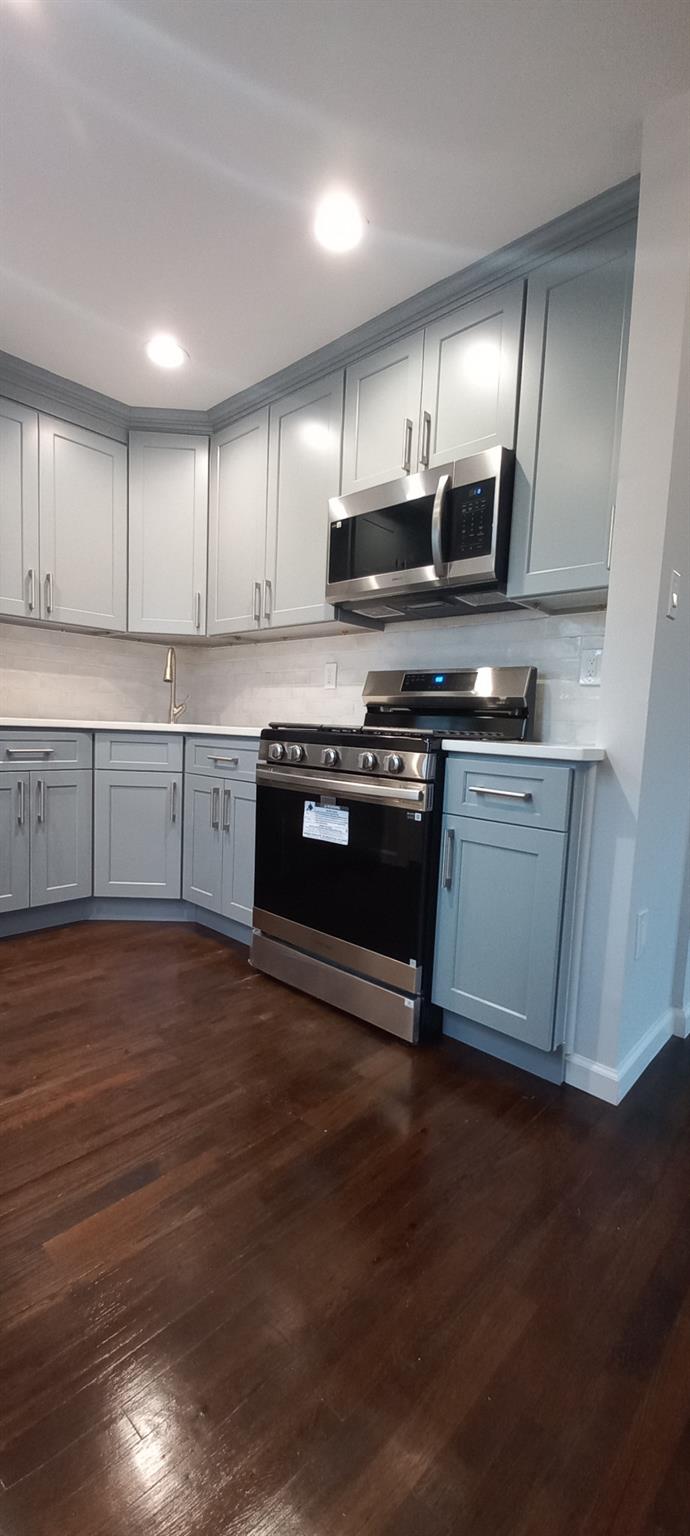 3 Hampton Road Lynbrook, NY 11563 - Photo 9 of 23 Kitchen with light countertops, appliances with stainless steel finishes, dark wood-style floors, gray cabinetry, and decorative backsplash