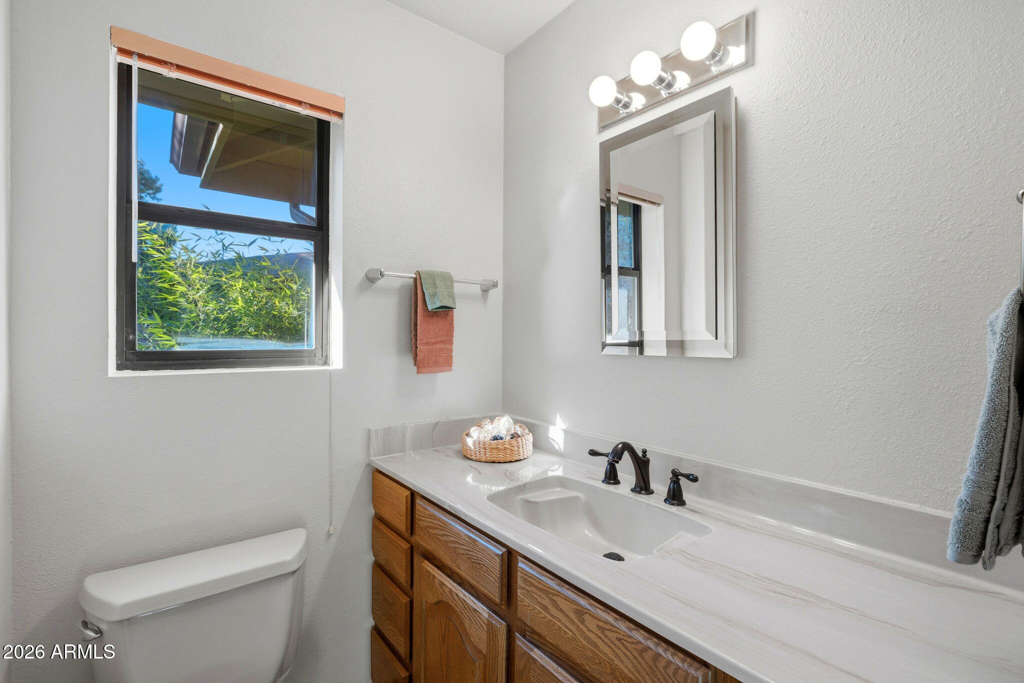 220 High Chaparral Loop Prescott, AZ 86303 - Photo 28 of 42 a bathroom with a toilet a sink a mirror and a window