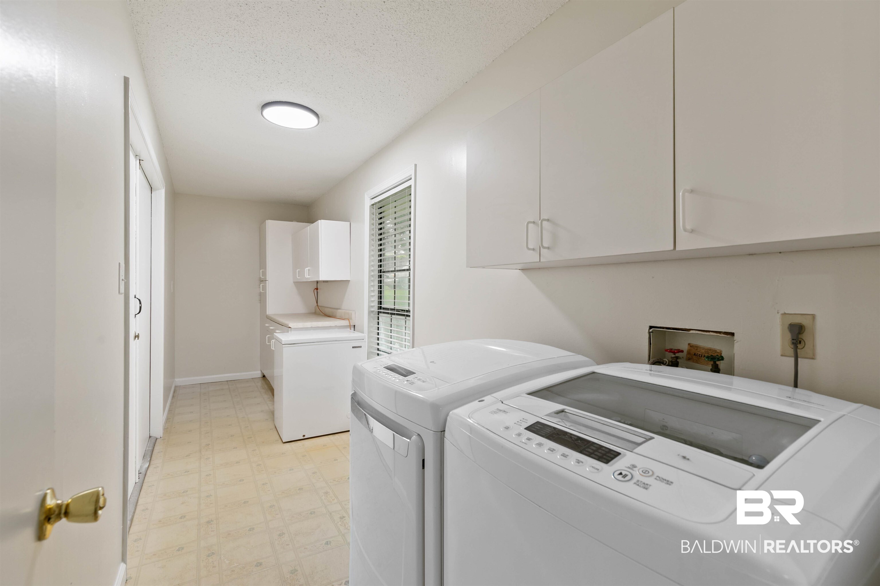 10420 Johnson Road South Mobile, AL 36695 - Photo 46 of 75 Dedicated laundry room featuring light-toned walls, overhead white cabinetry, and a window with horizontal blinds