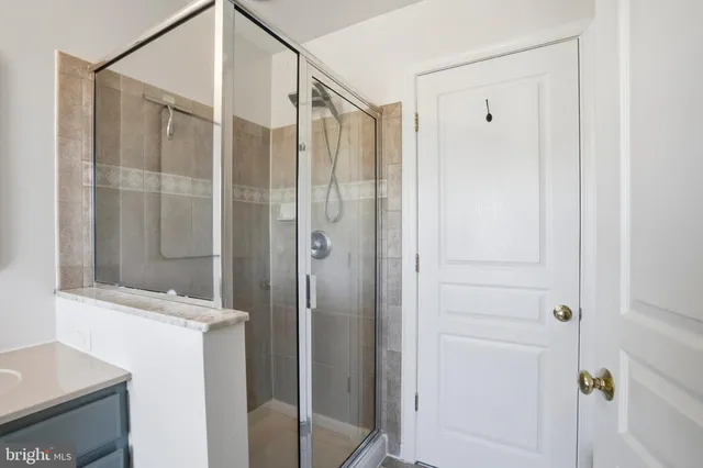 a bathroom with a shower and a sink