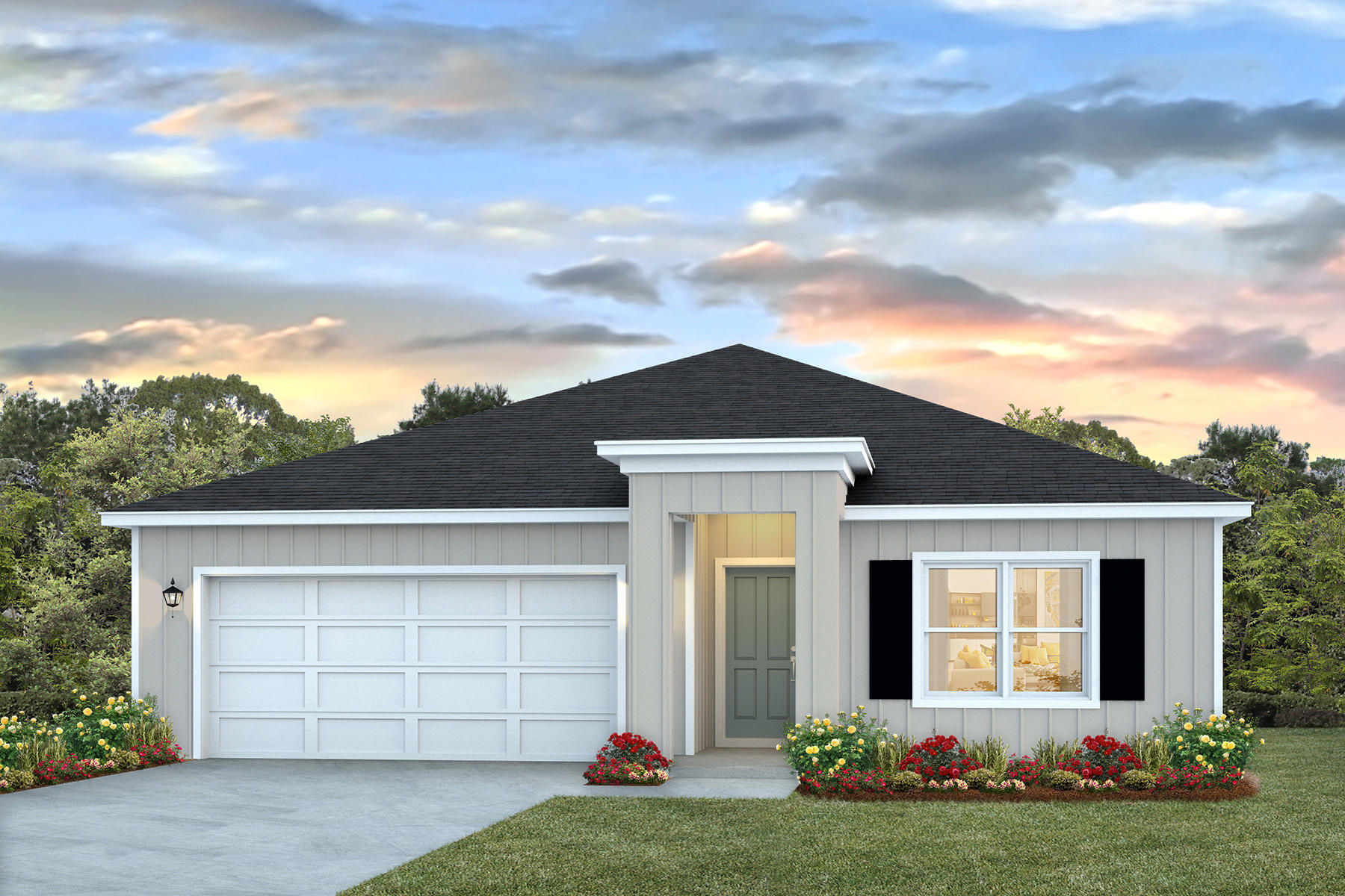 front view of a house with a garage