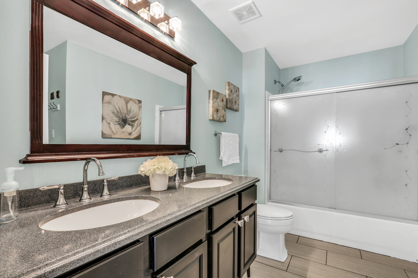 1135 Hadley Circle Gurnee, IL 60031 - Photo 41 of 60 a bathroom with a granite countertop sink mirror and a shower