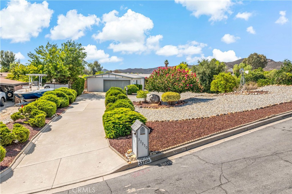 a view of a garden with an outdoor seating
