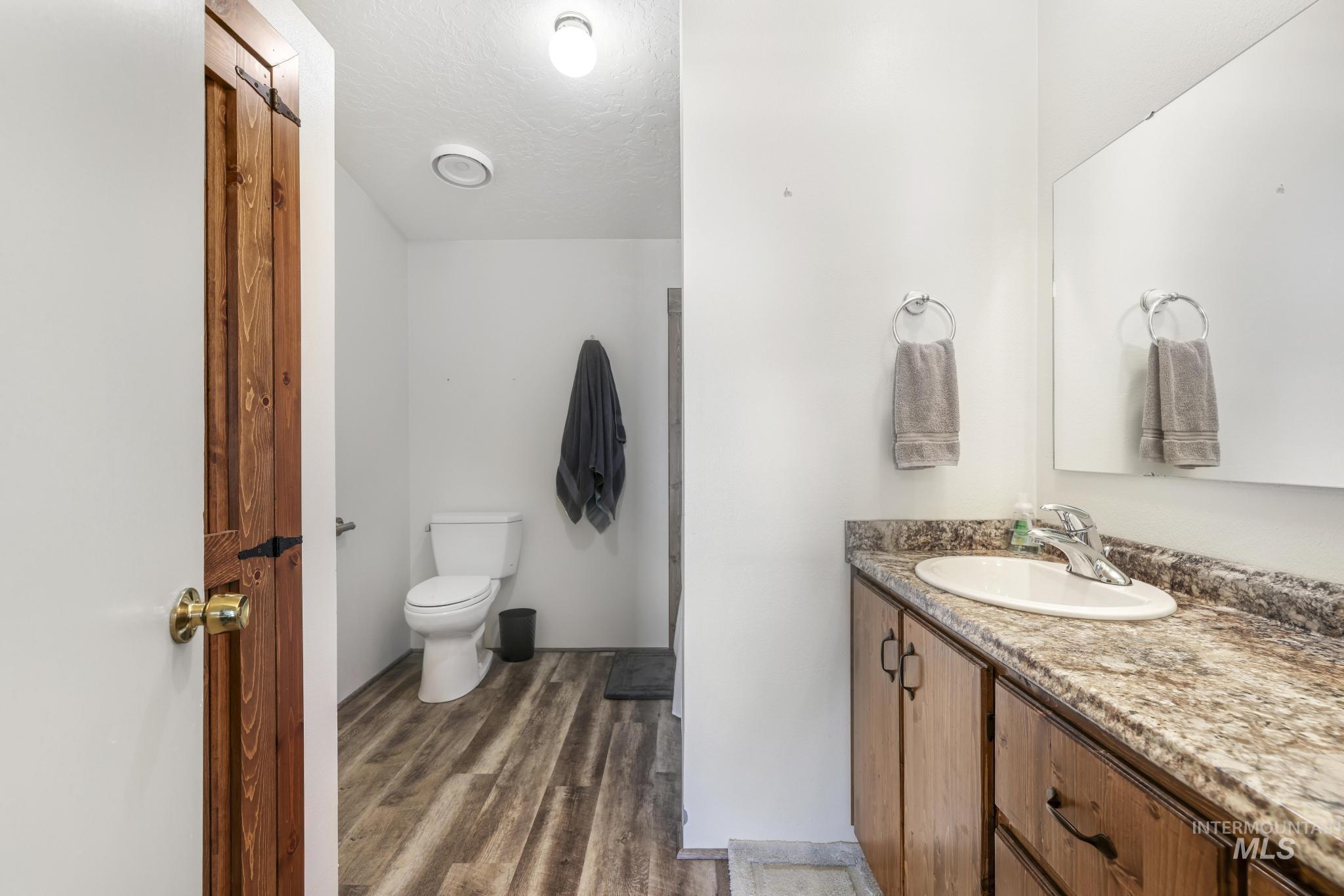 309 North Grape Street Shoshone, ID 83352 - Photo 15 of 26 Bathroom featuring dark wood-style flooring, vanity, and a textured ceiling