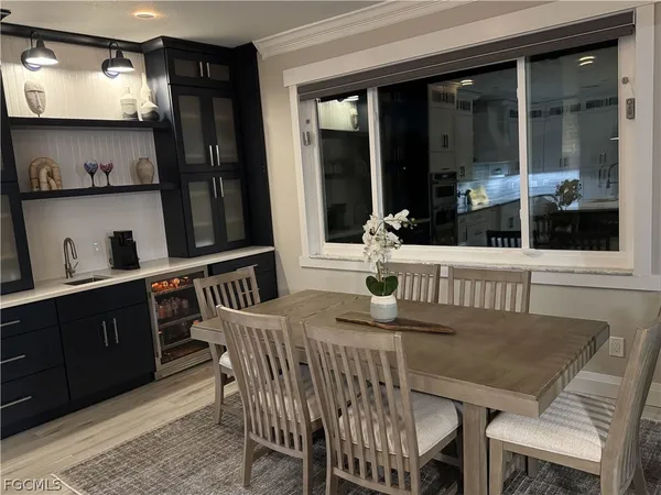 a view of a dining room with furniture