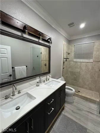 a bathroom with a double vanity sink mirror and toilet