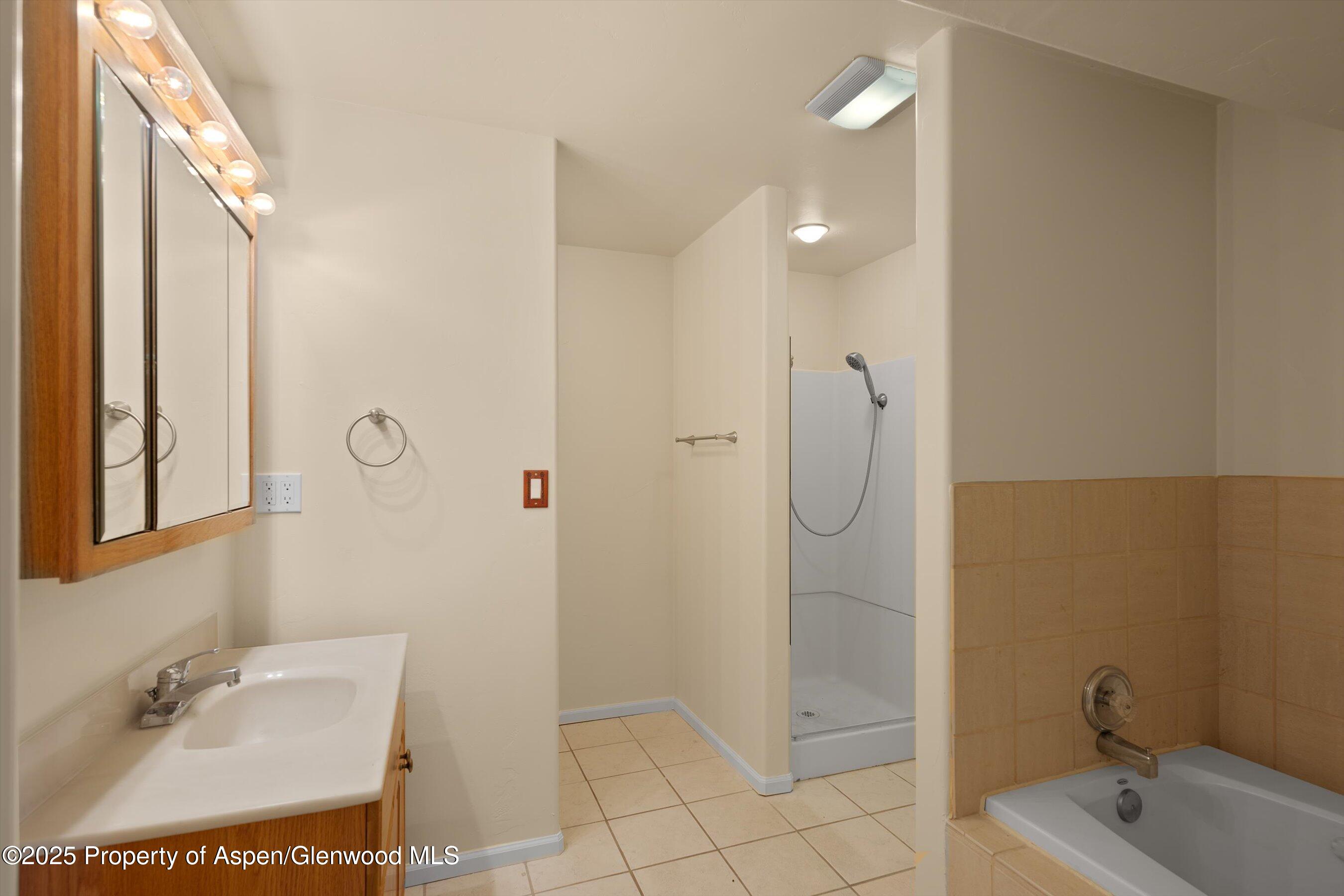 634 East First Street New Castle, CO 81647 - Photo 30 of 46 a bathroom with a shower a mirror and a sink