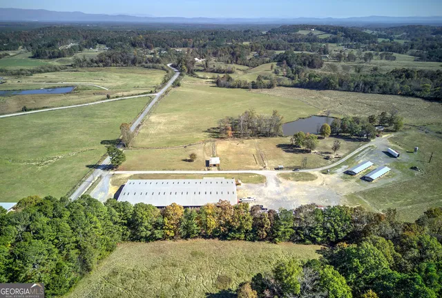 an aerial view of a residential houses with outdoor space and trees