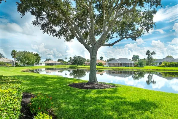 a view of a lake with a yard and large trees