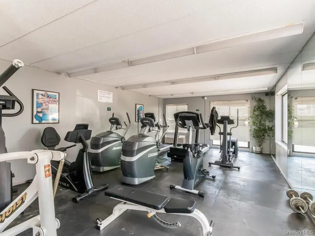 a living room with lots of gym equipment