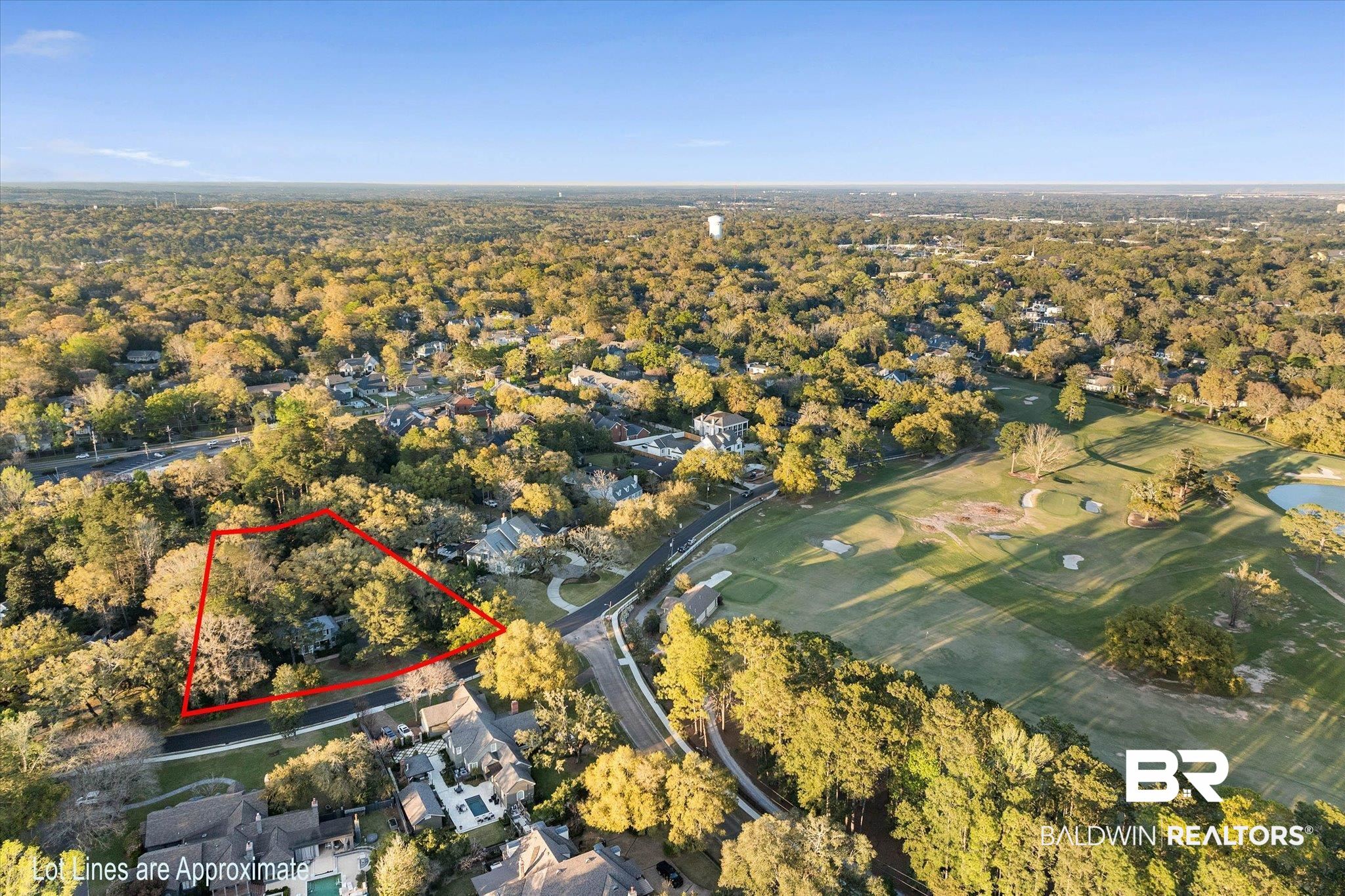 2 Westgate Road Mobile, AL 36608 - Photo 54 of 63 Aerial view of residential area with property parcel outlined and a golf club