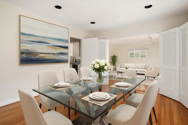 a view of a dining room with furniture