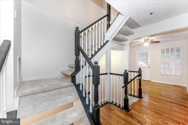 a view of staircase with wooden floor and a rug