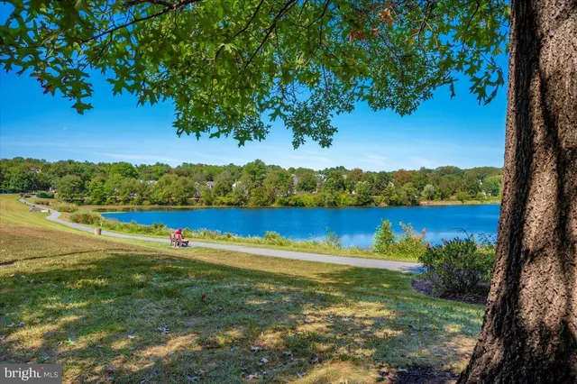 a view of a lake with houses in the back