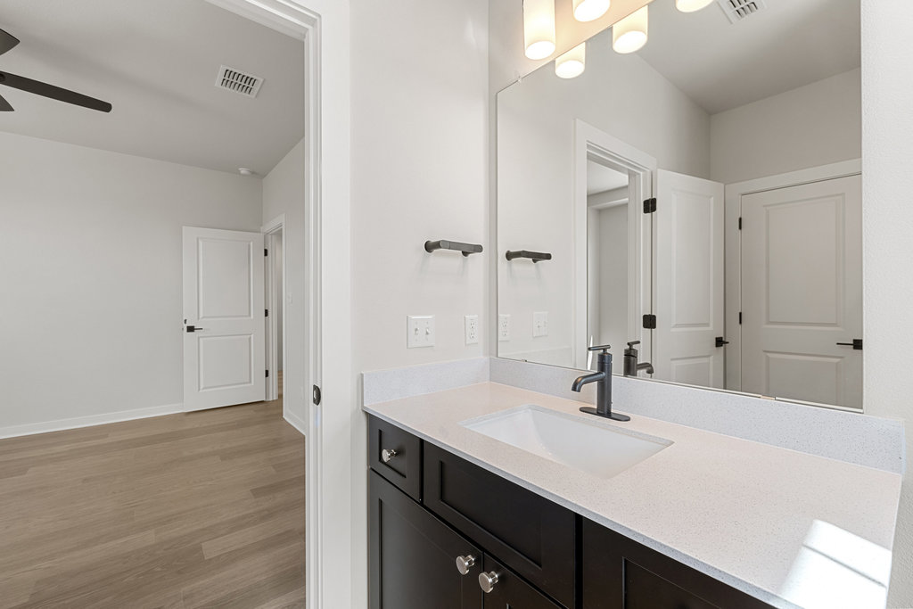 2205 Cento Walk Round Rock, TX 78664 - Photo 15 of 26 Bathroom with vanity, light wood-style floors, and ceiling fan