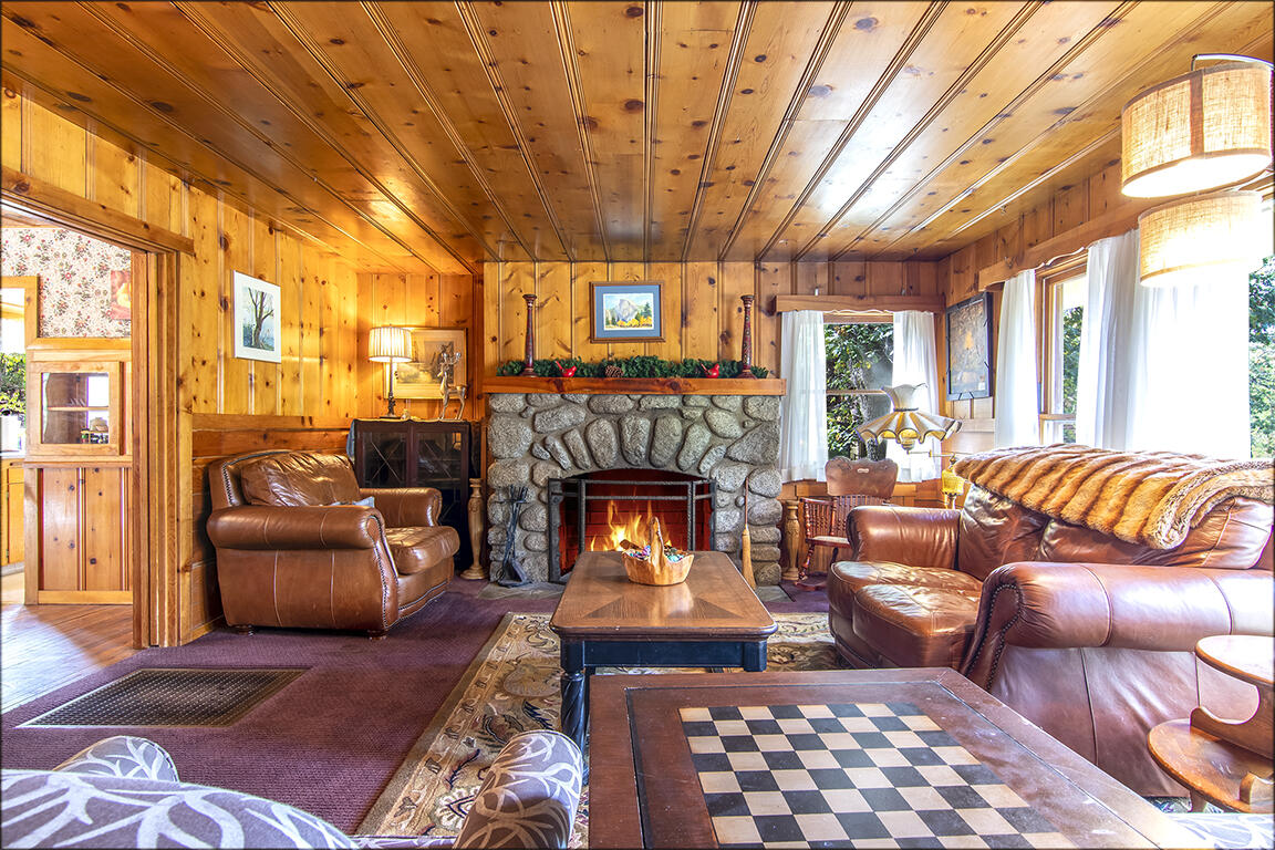 26770 Idyllwild Road Idyllwild, CA 92549 - Photo 2 of 52 a living room with furniture a fireplace and a large window