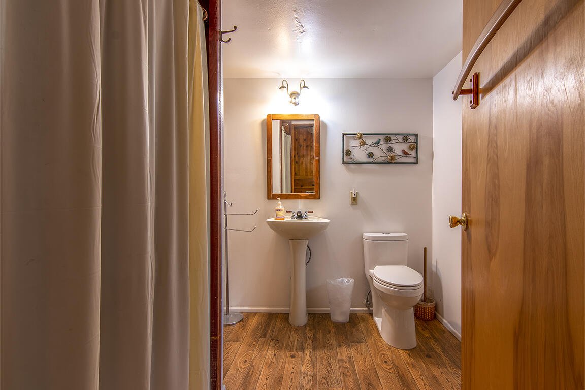 26770 Idyllwild Road Idyllwild, CA 92549 - Photo 10 of 52 a bathroom with a toilet a sink a mirror and shower