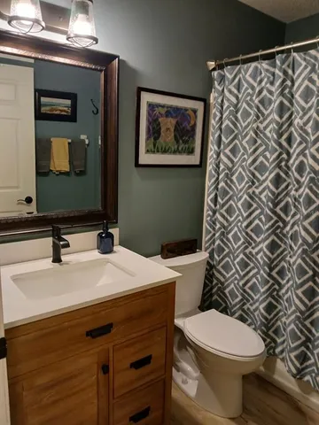 a bathroom with a sink mirror vanity and toilet