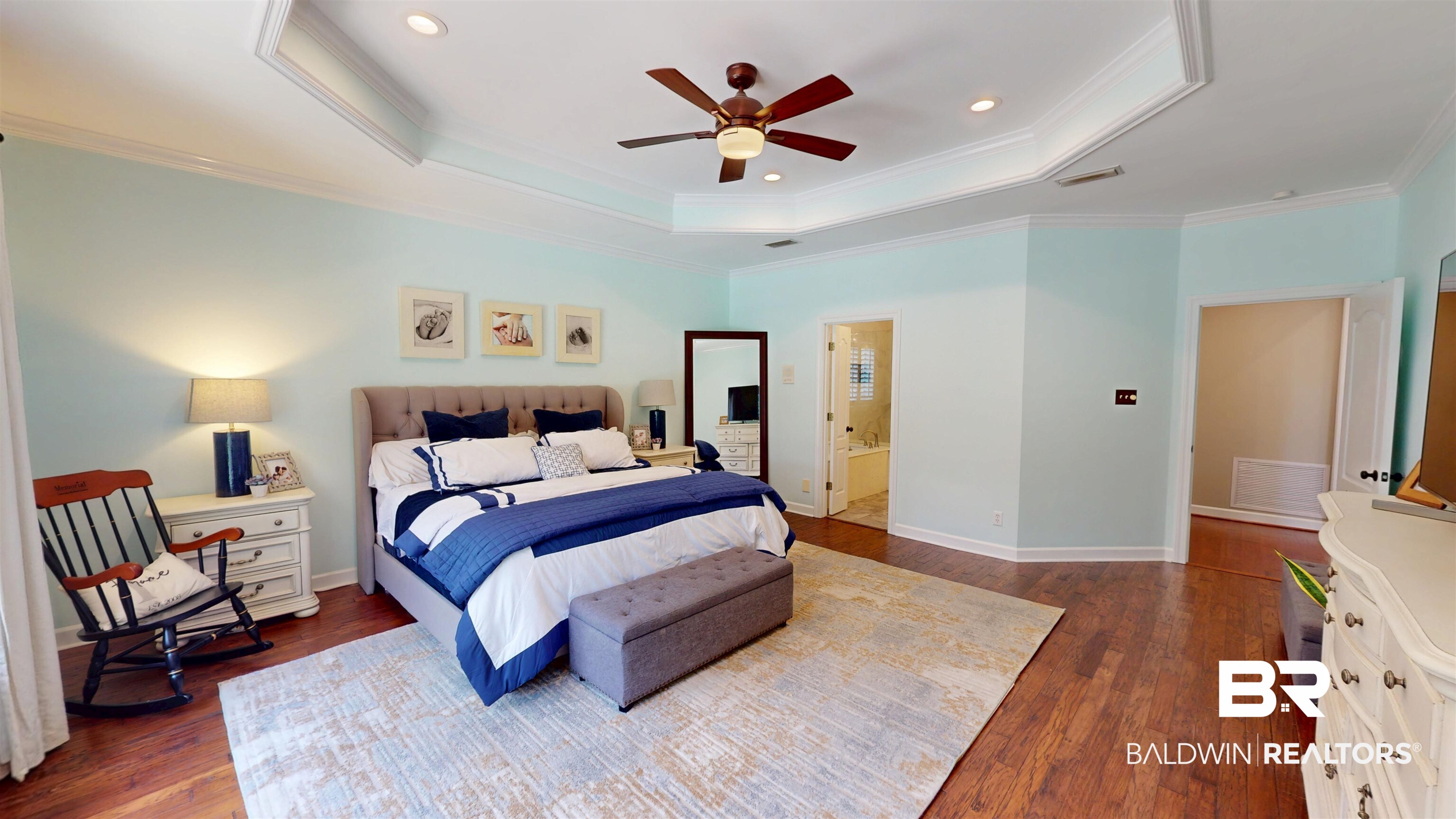 8775 Dawes Lake Road North Mobile, AL 36619 - Photo 26 of 59 Bedroom featuring ornamental molding, dark wood-type flooring, a tray ceiling, recessed lighting, and a ceiling fan