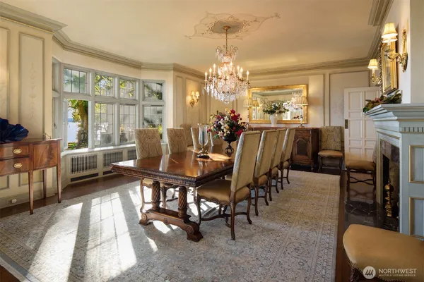 a view of a dining room with furniture window and outside view