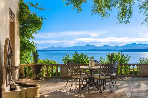 an outdoor space with furniture