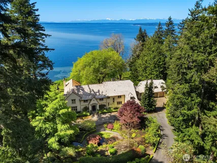 a view of a lake with a garden