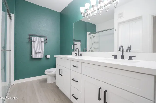 a bathroom with a double vanity sink mirror and toilet