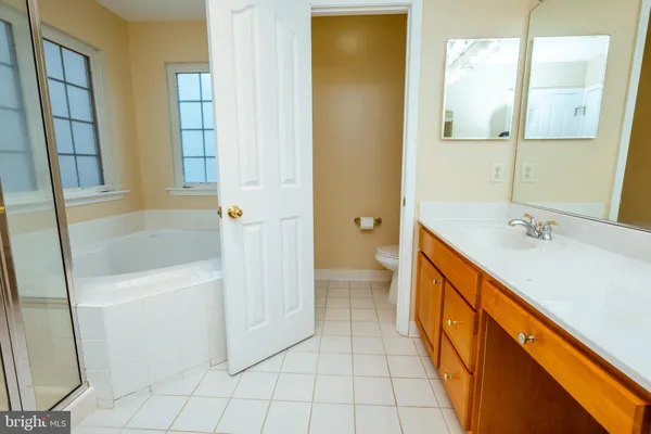a bathroom with a tub sink and mirror