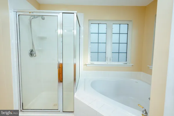 a bathroom with a bathtub and a shower