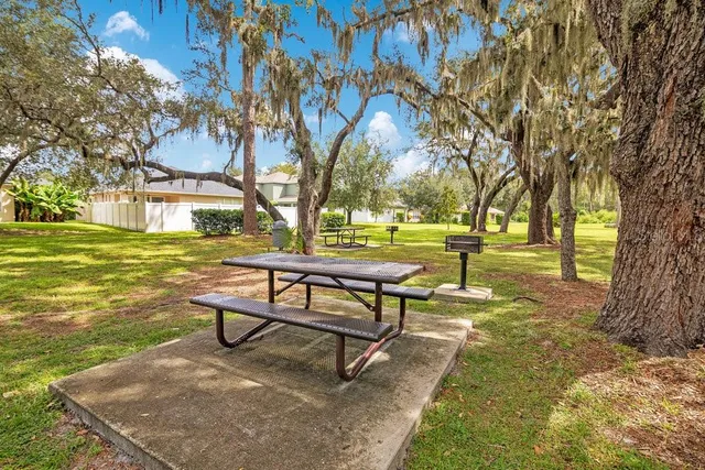 a view of a swimming pool with a bench and trees around