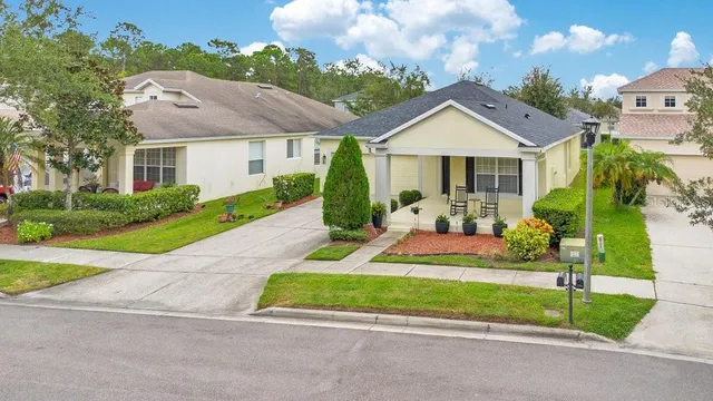 a front view of house with yard and green space