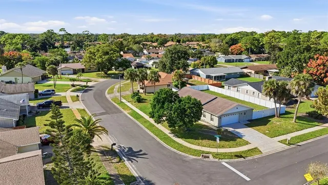 an aerial view of a swimming pool