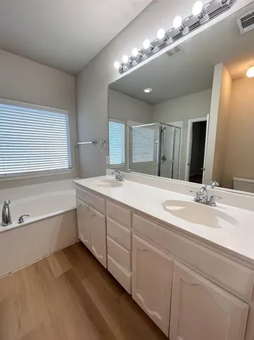 a bathroom with a double vanity sink a large mirror and a bathtub